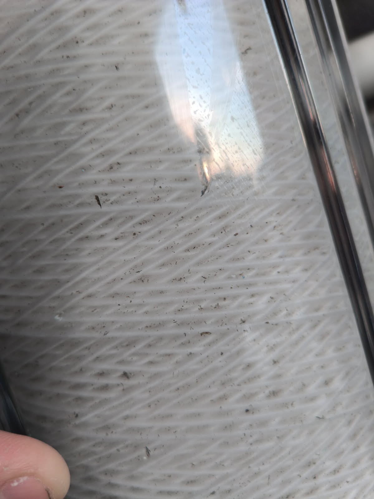 Close-up of a used string-wound sediment filter cartridge showing trapped dirt and particles inside a clear whole-house filter housing